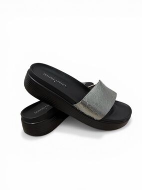 Donald Pliner Black Silver Fiji Leather Thong Wedge Comfort Sandals Women 9 NWOB